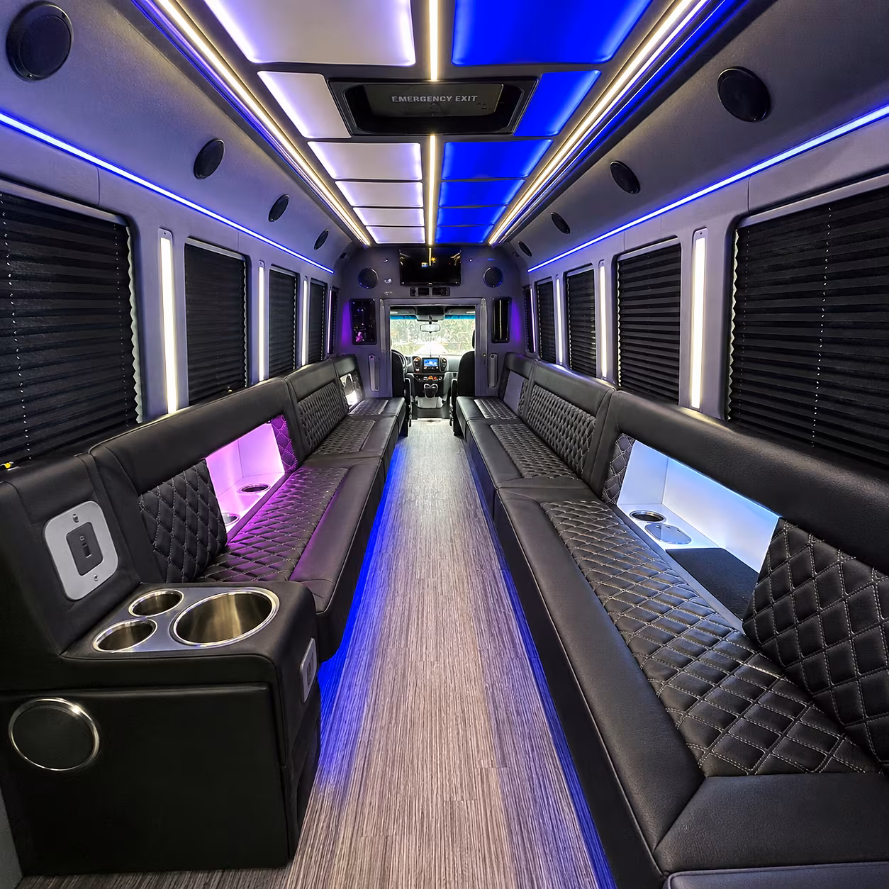 Columbus Birthday, Sweet 16, & Quinceañera Transportation party bus interior