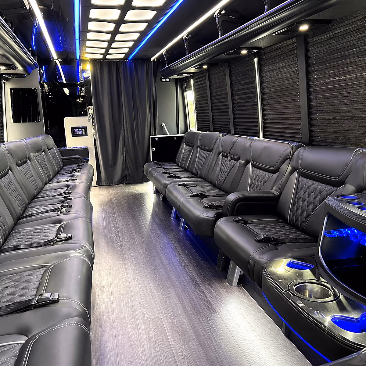 Columbus Birthday, Sweet 16, & Quinceañera Transportation party bus interior